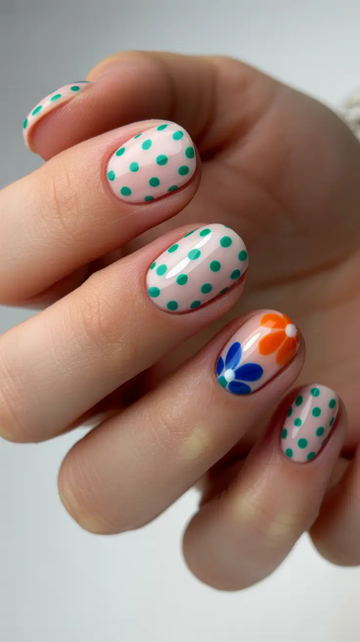 summer short nail inspo 2026 Green Polka Dot and Floral Mix