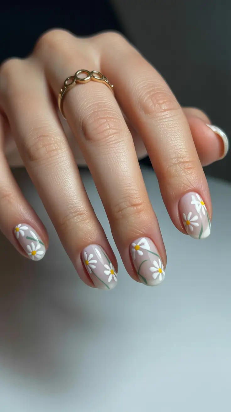 summer short nail inspo 2026 Soft Daisy Garden on Sheer Base