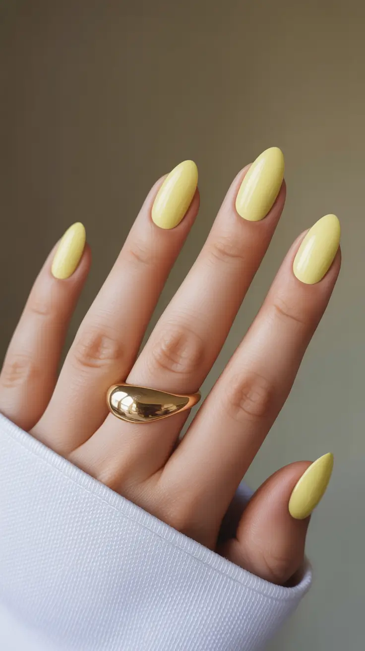 summer short nail inspo 2026 Glossy Butter Yellow Almond Nails