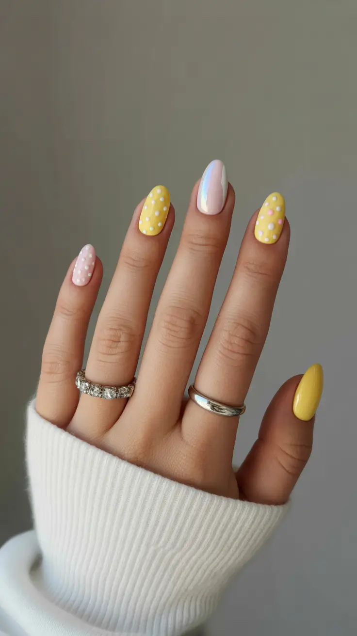 summer short nail inspo 2026 Playful Polka Dot Mix in Pink and Yellow