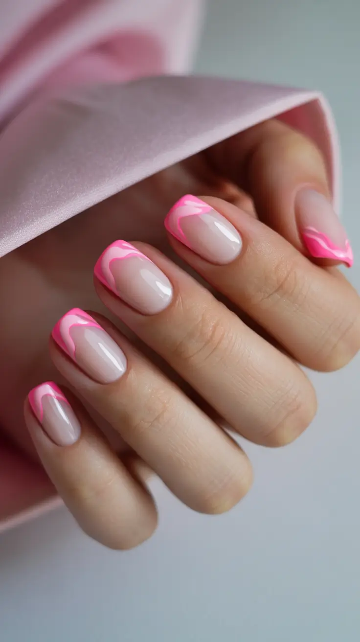 summer short nail inspo 2026 Neon Pink Swirl French