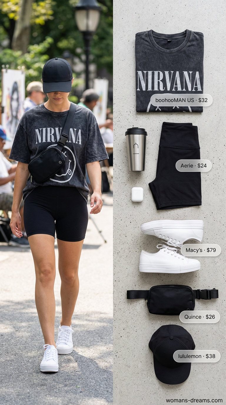 Comfortable 'Summer shorts outfits for women2026' for athleisure, featuring high-waisted black biker shorts, an oversized graphic t-shirt, chunky white platform sneakers, and a black baseball cap.