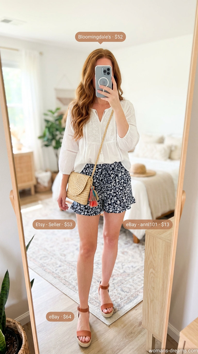 Boho summer shorts outfit for women2026 featuring navy floral shorts, an off-white peasant blouse, and terracotta espadrilles for a beach getaway.