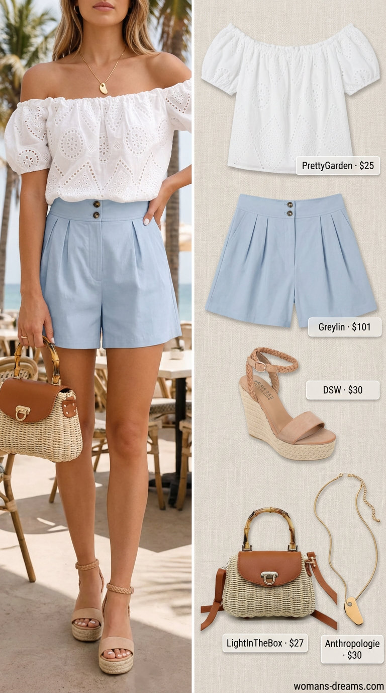 Feminine 'Summer shorts outfits for women2026' for brunch, featuring sky blue linen-blend tailored shorts, a white eyelet off-the-shoulder blouse, espadrille wedges, and a woven straw bag.