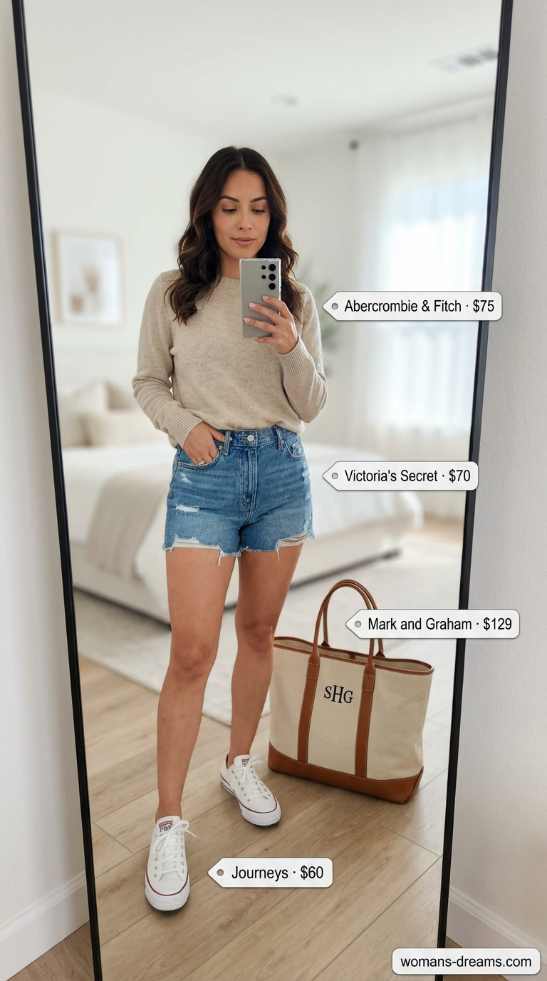 Effortless Summer shorts outfits for women2026 for a casual day, featuring medium wash denim cut-off shorts, an oatmeal crew neck sweater, white sneakers, and a natural canvas tote bag.