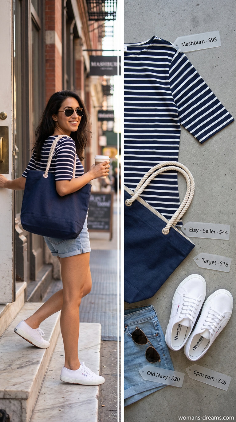 Relaxed denim cut-off shorts outfit with a navy and white striped long-sleeve t-shirt, ideal for Summer shorts outfits for women 2024 weekend wanderlust. Styled with white sneakers and a canvas tote.