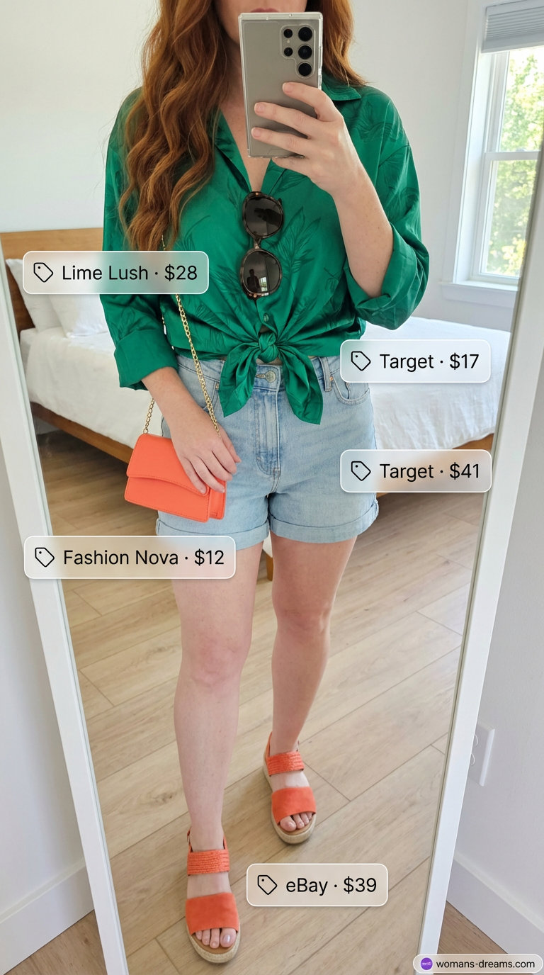 Playful light wash denim shorts outfit with a vibrant tropical print silk blend blouse, a great choice for Summer shorts outfits for women 2024 resort glam. Accessorized with coral espadrilles and a mini bag.