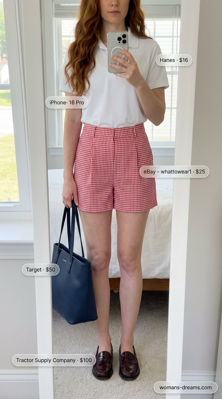 Preppy 'Summer shorts outfits for women2026' for a picnic, featuring red and white gingham shorts, a white pique polo shirt, navy loafers, and a structured mini tote bag.