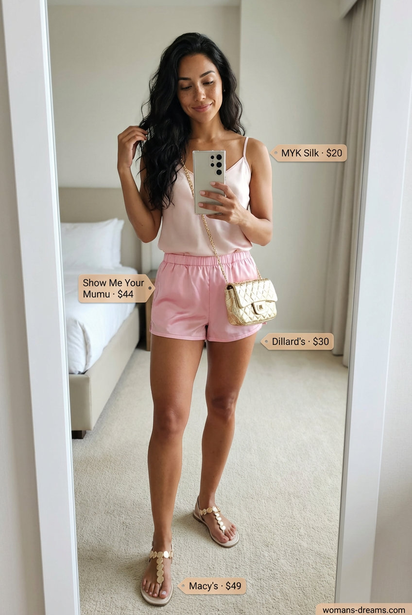 Luxurious 'Summer shorts outfits for women2026' for a poolside retreat, featuring blush pink silk satin shorts, a matching camisole, cream flat sandals with gold, and a metallic mini bag.