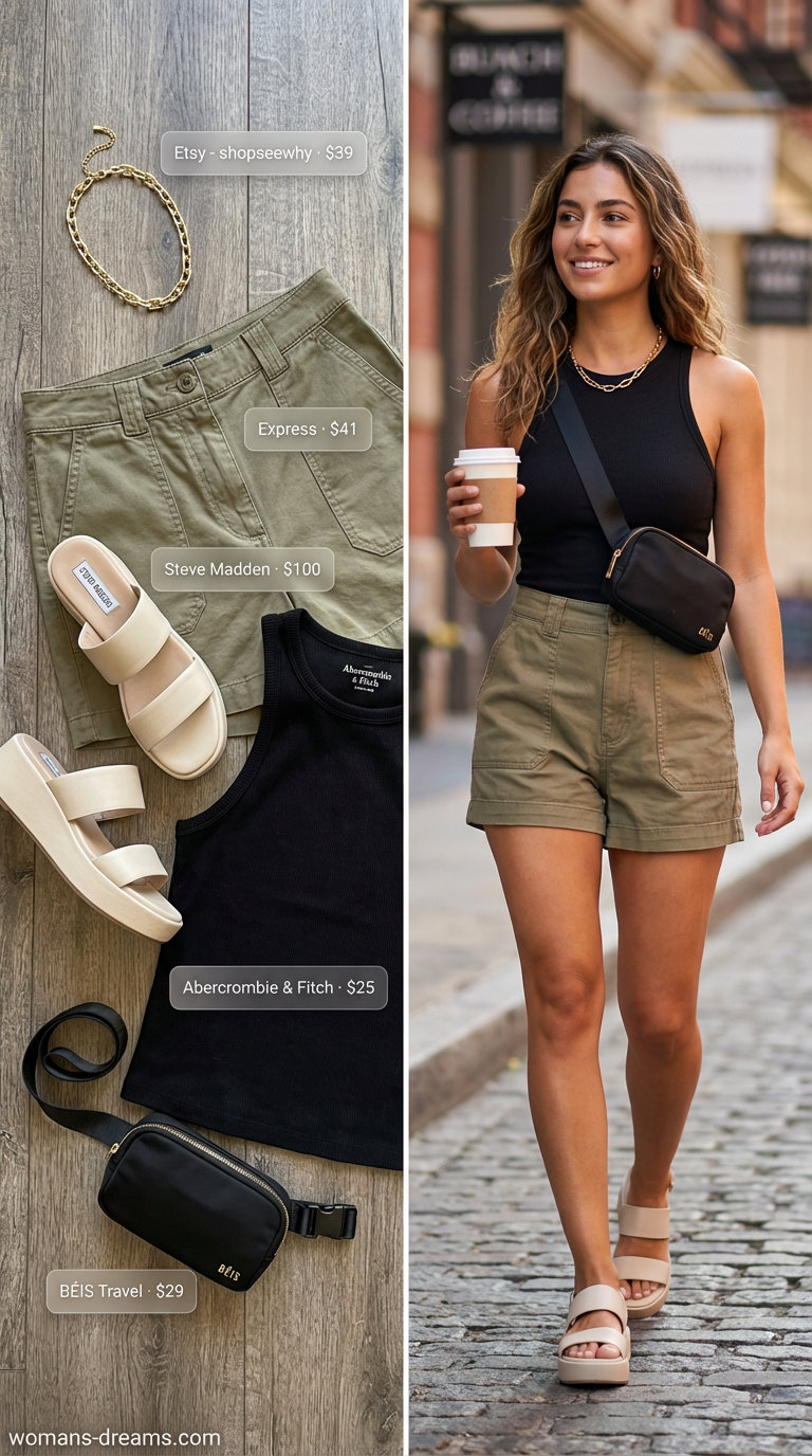 Modern khaki utility shorts outfit with a black ribbed tank top, ideal for Summer shorts outfits for women 2024 urban safari exploration. Accessorized with chunky sandals and a gold chain necklace.