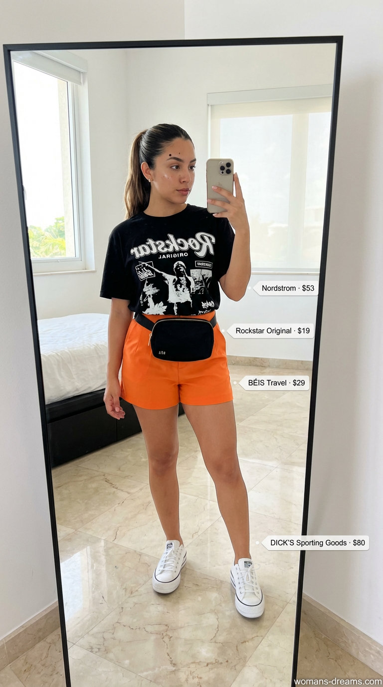 Energetic bright orange tailored shorts outfit with an oversized graphic t-shirt, a bold choice for Summer shorts outfits for women 2024 street style. Paired with chunky platform sneakers and a crossbody belt bag.