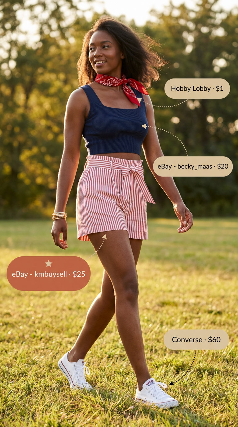 Playful retro summer shorts outfit for women2026 with red striped tailored shorts, a navy crop top, and white sneakers for a picnic.