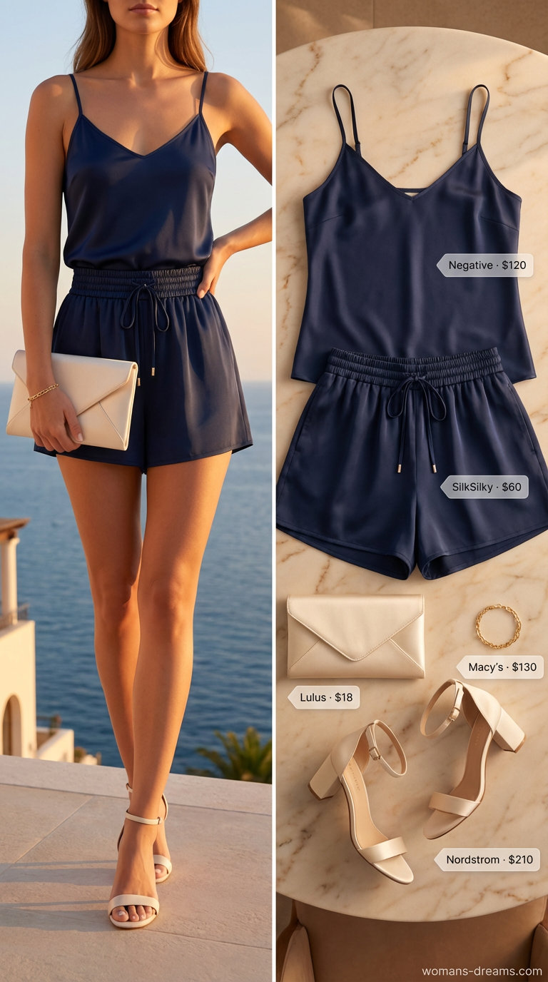 Sophisticated 'Summer shorts outfits for women2026' for a vacation evening, featuring navy silk flowy shorts, a matching camisole, cream block heel sandals, and a satin clutch.