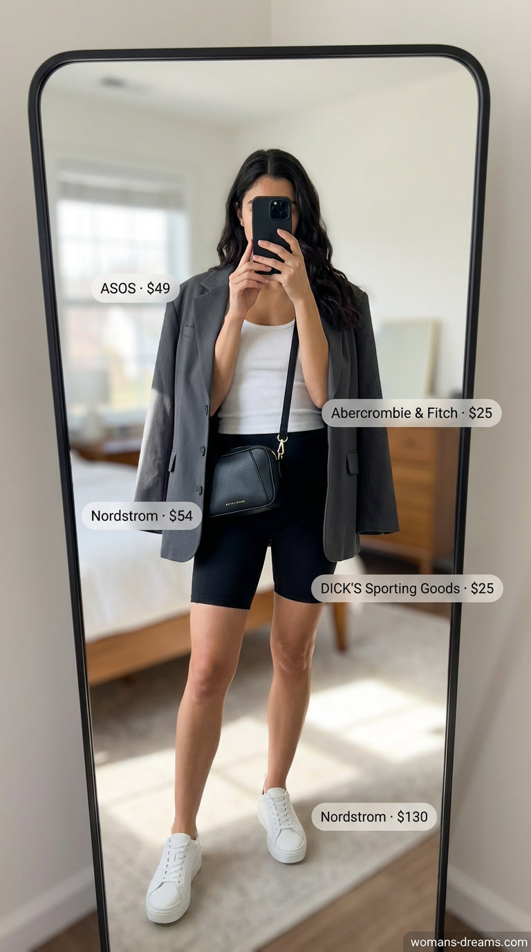 Polished 'Summer shorts outfits for women2026' with an athleisure twist, featuring black biker shorts, a white ribbed tank, an oversized grey blazer, white platform sneakers, and a black crossbody bag.