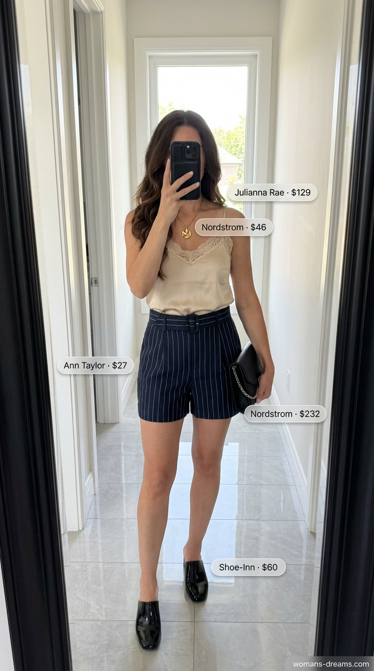 Chic 'Summer shorts outfits for women2026' for an evening event, featuring navy linen tailored shorts, a champagne silk camisole, black heeled mules, and a sleek clutch.