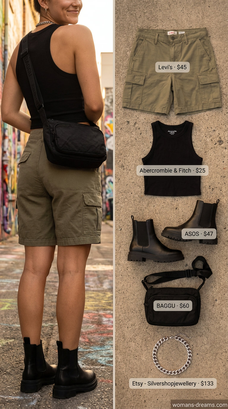 Edgy street style summer shorts outfit for women2026 with khaki cargo shorts, a fitted black tank top, chunky platform Chelsea boots, silver chain necklace, and a nylon utility bag for exploration.