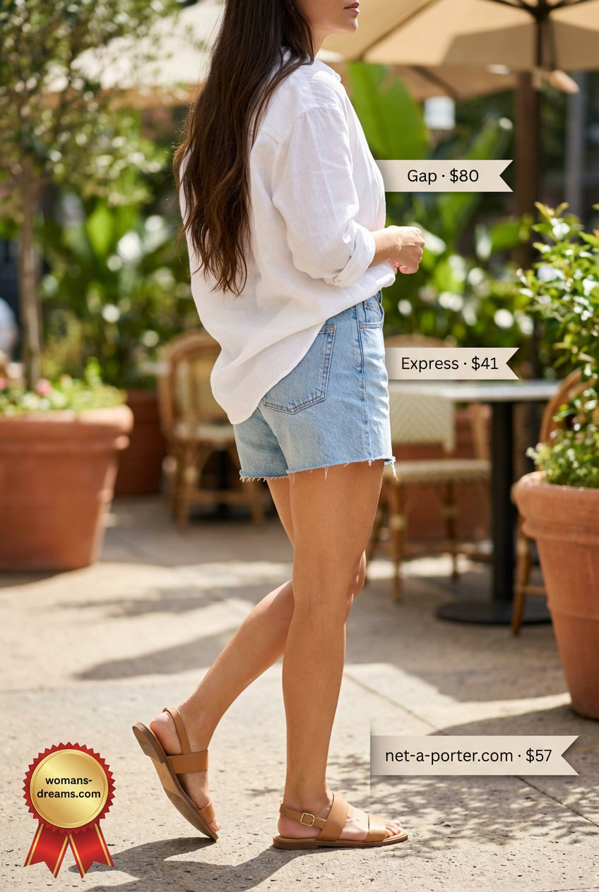 Fresh white denim shorts outfit with a sky blue oversized linen shirt, a great choice for Summer shorts outfits for women 2024 coastal daytime. Styled with flat leather slides and a woven crossbody.