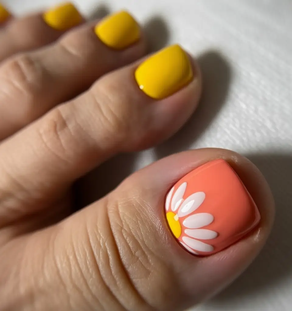 vibrant spring toe nails 2026 Sunny Daisy Pedicure for Cheerful Spring Days