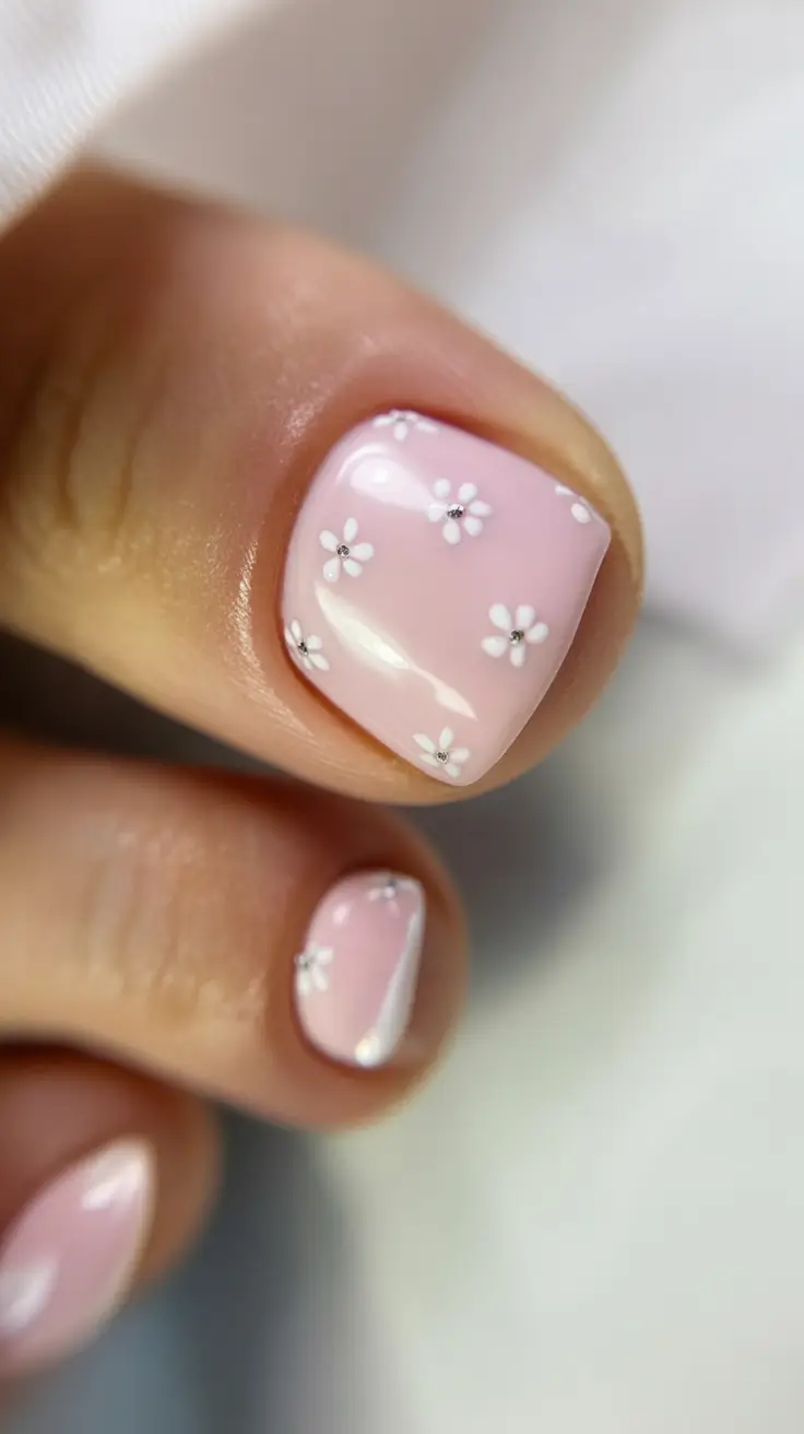 vibrant spring toe nails 2026 Delicate Pink Daisy Pedicure with Soft Floral Art