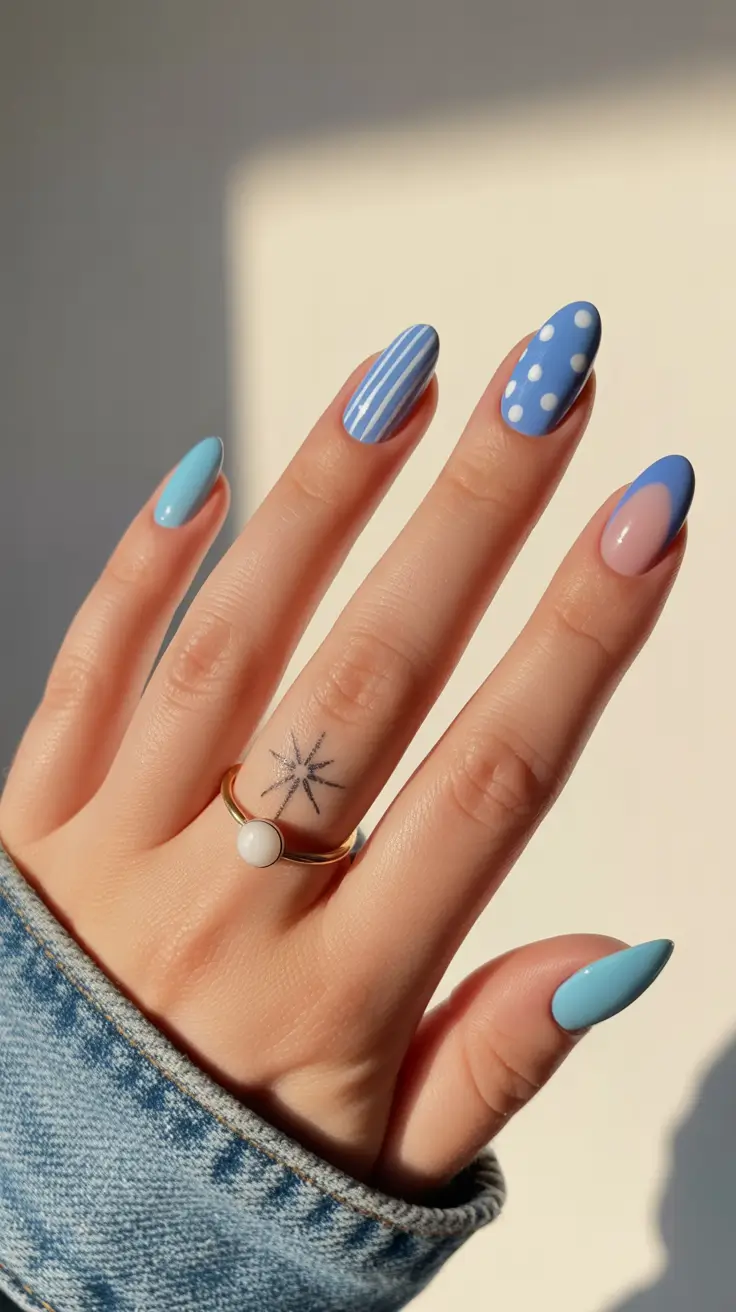spring vacation nails 2026 Playful Blue Almond Nails with Polka Dot Energy