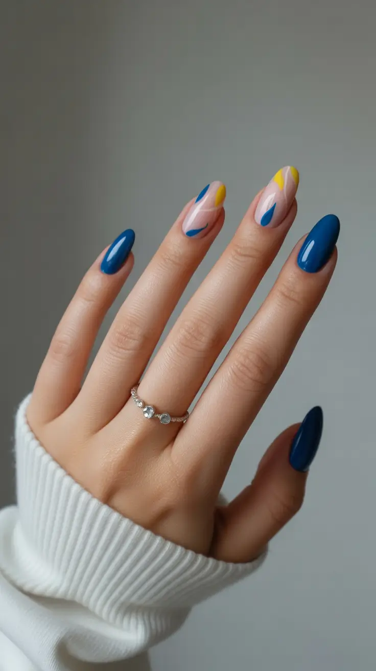 spring vacation nails 2026 Bold Blue and Yellow Almond Nails with Abstract Waves