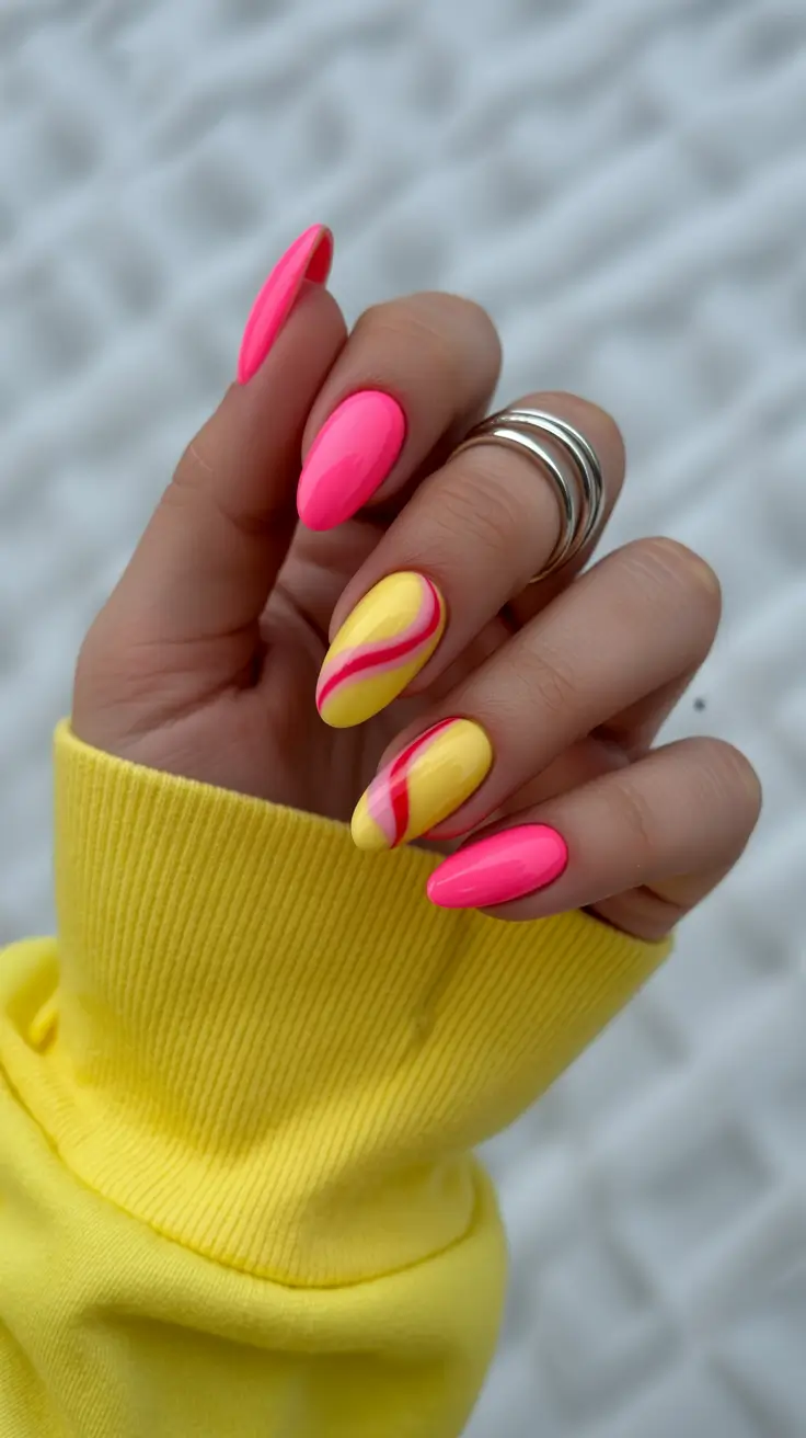 spring vacation nails 2026 Bright Pink and Yellow Almond Nails with Playful Vacation Waves