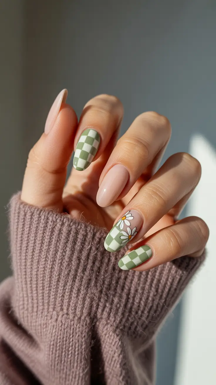 spring vacation nails 2026 Green Checkerboard and Daisy Almond Nails for Fresh Spring Vibes