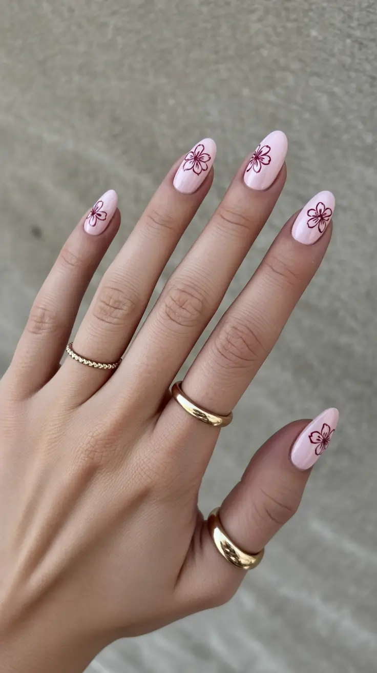 spring vacation nails 2026 Minimal Pink Floral Almond Nails with Soft Romantic Detail