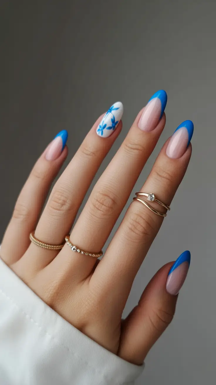 spring vacation nails 2026 Elegant Blue French Tip Almond Nails with Floral Accent