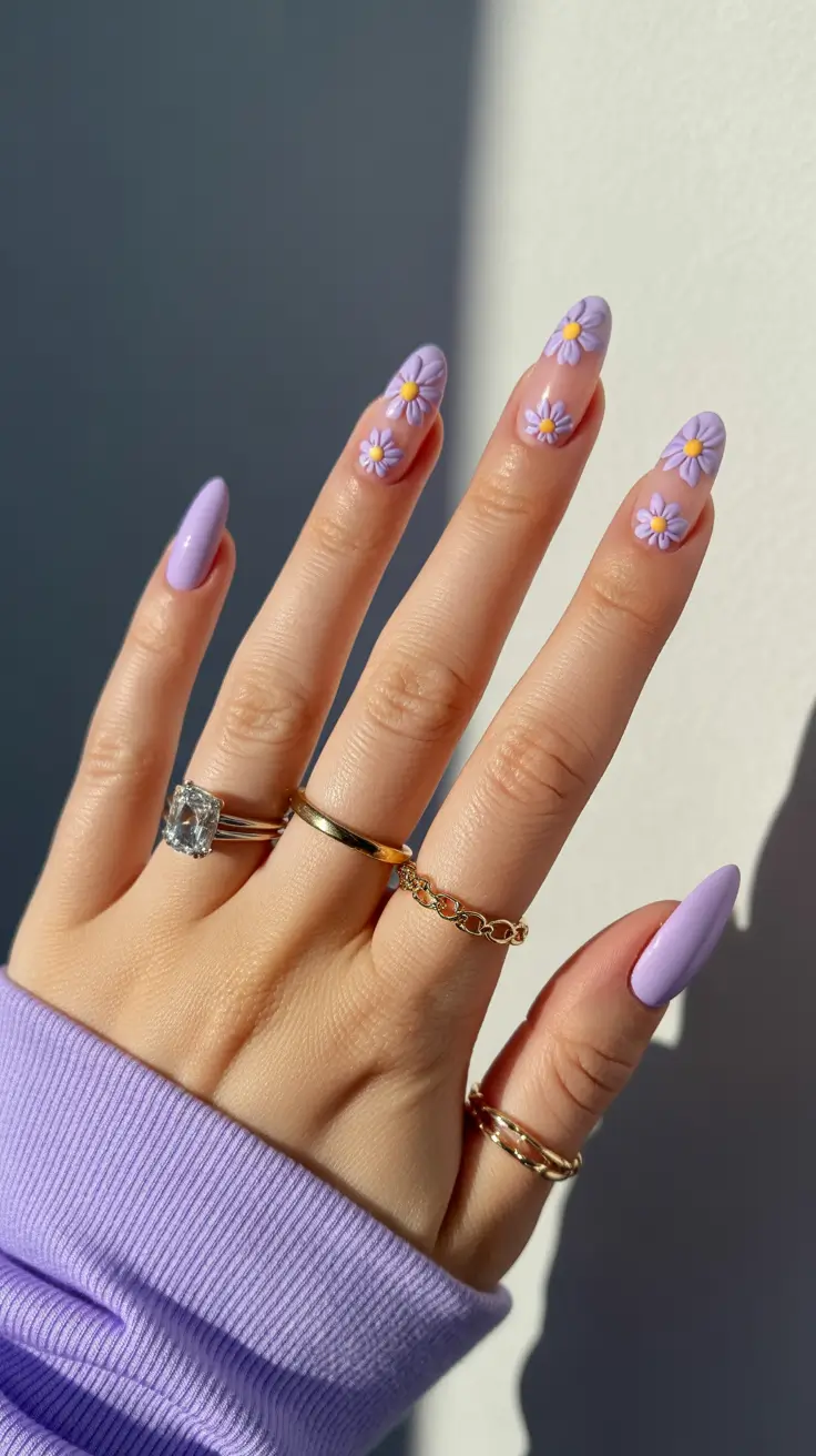 spring vacation nails 2026 Lavender Daisy Almond Nails for Soft Spring Vacation Charm