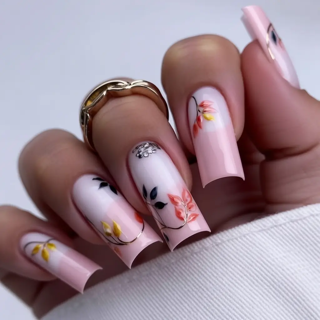 spring vacation nails 2026 Elegant Pink Botanical Square Long Nails for Romantic Spring Escapes