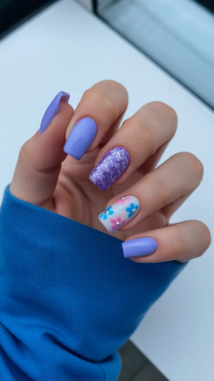 spring vacation nails 2026 Lavender Square Short Nails with Glitter and Floral Accent