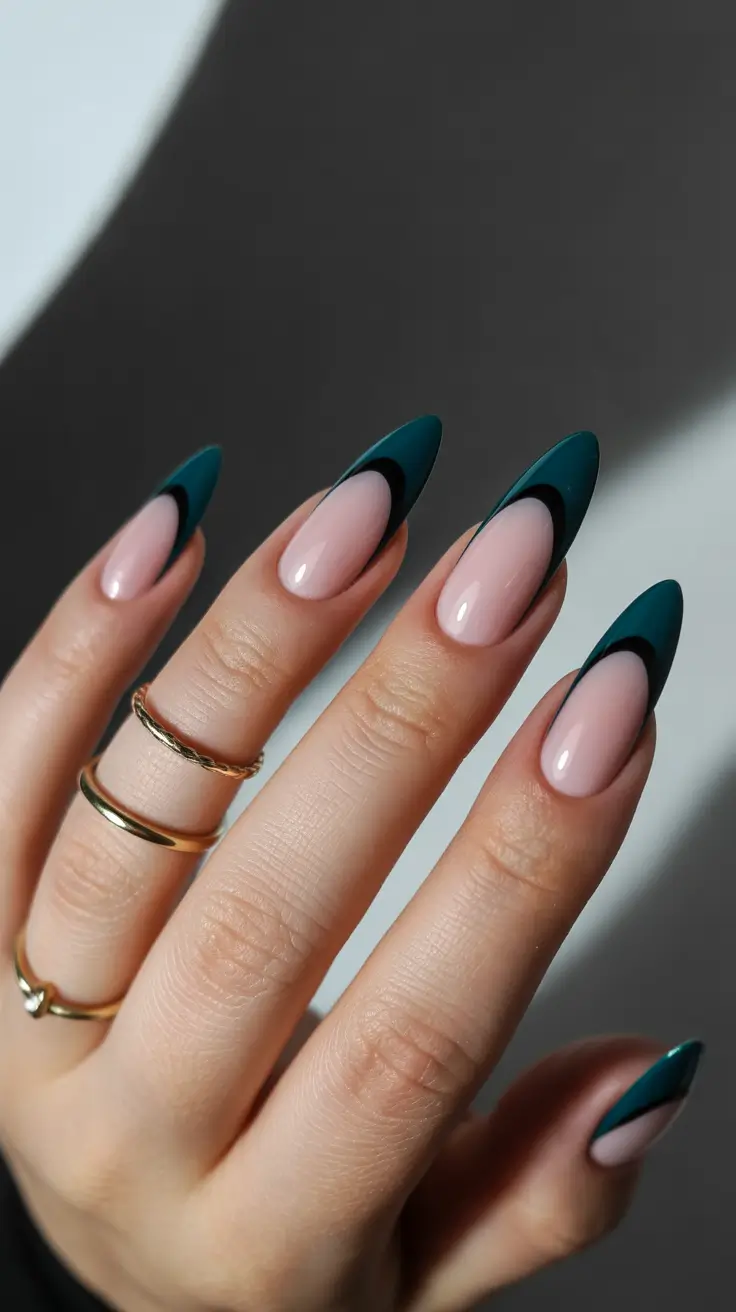 spring vacation nails 2026 Deep Green Almond French Tips with Modern Minimal Contrast