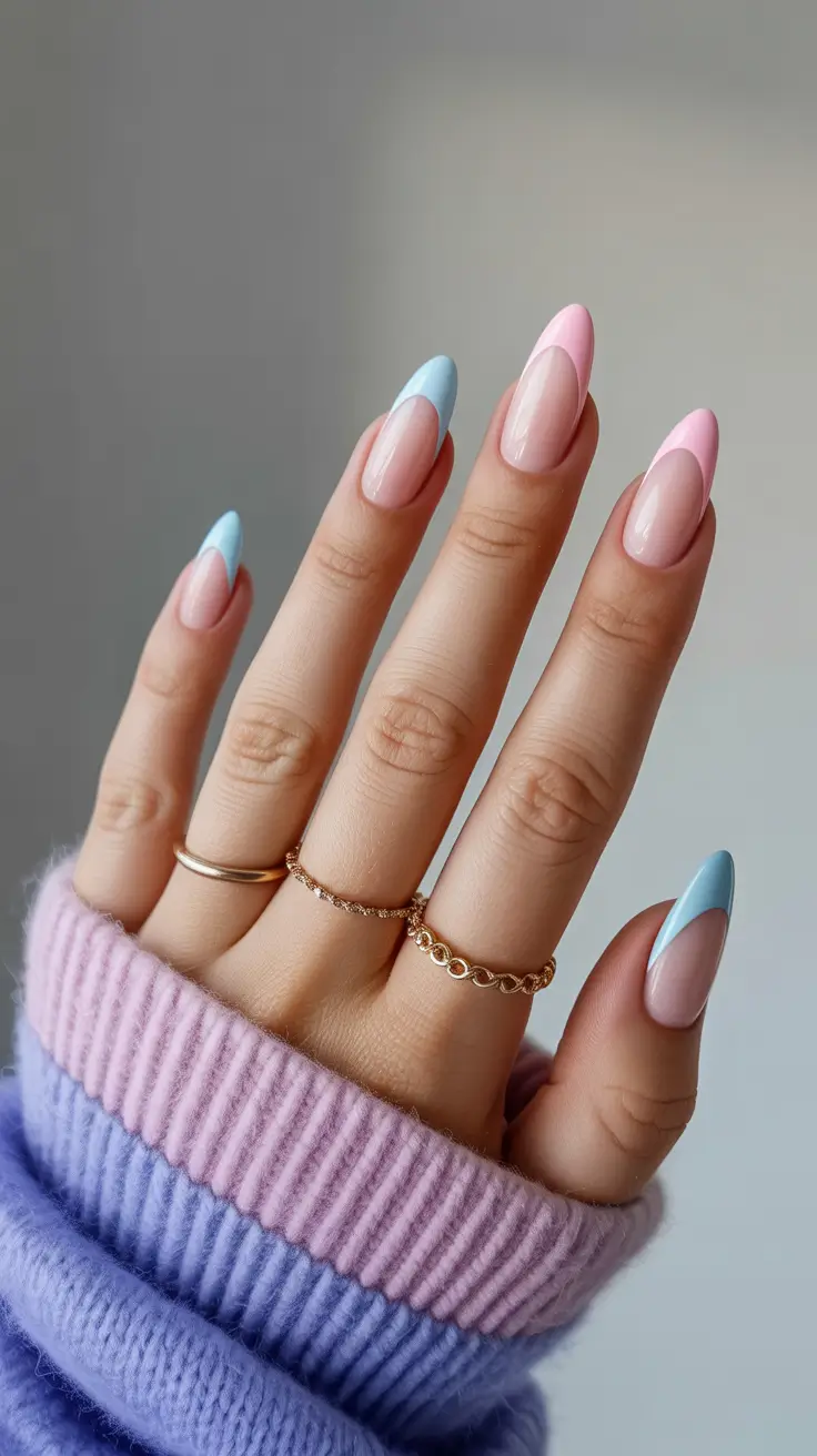 spring vacation nails 2026 Pastel French Tip Almond Nails in Soft Vacation Colors
