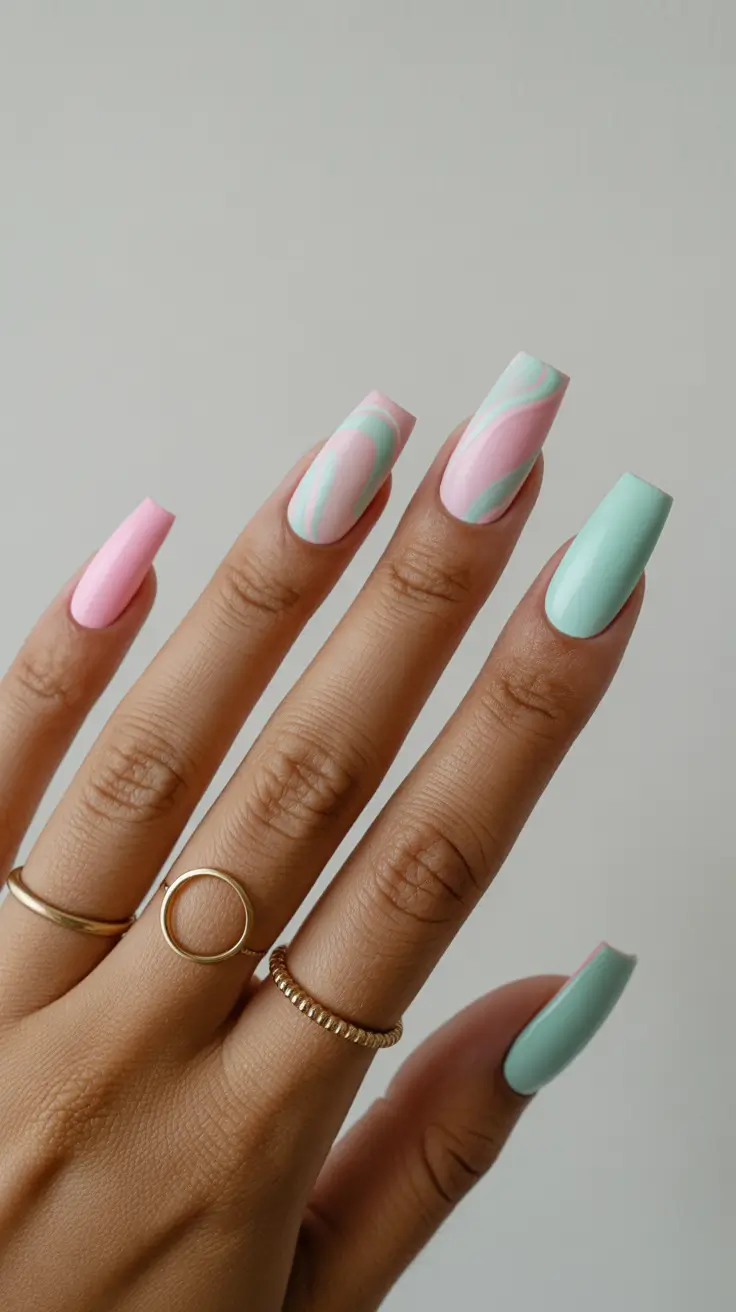 spring vacation nails 2026 Pastel Mint and Pink Square Long Nails with Soft Swirl Design
