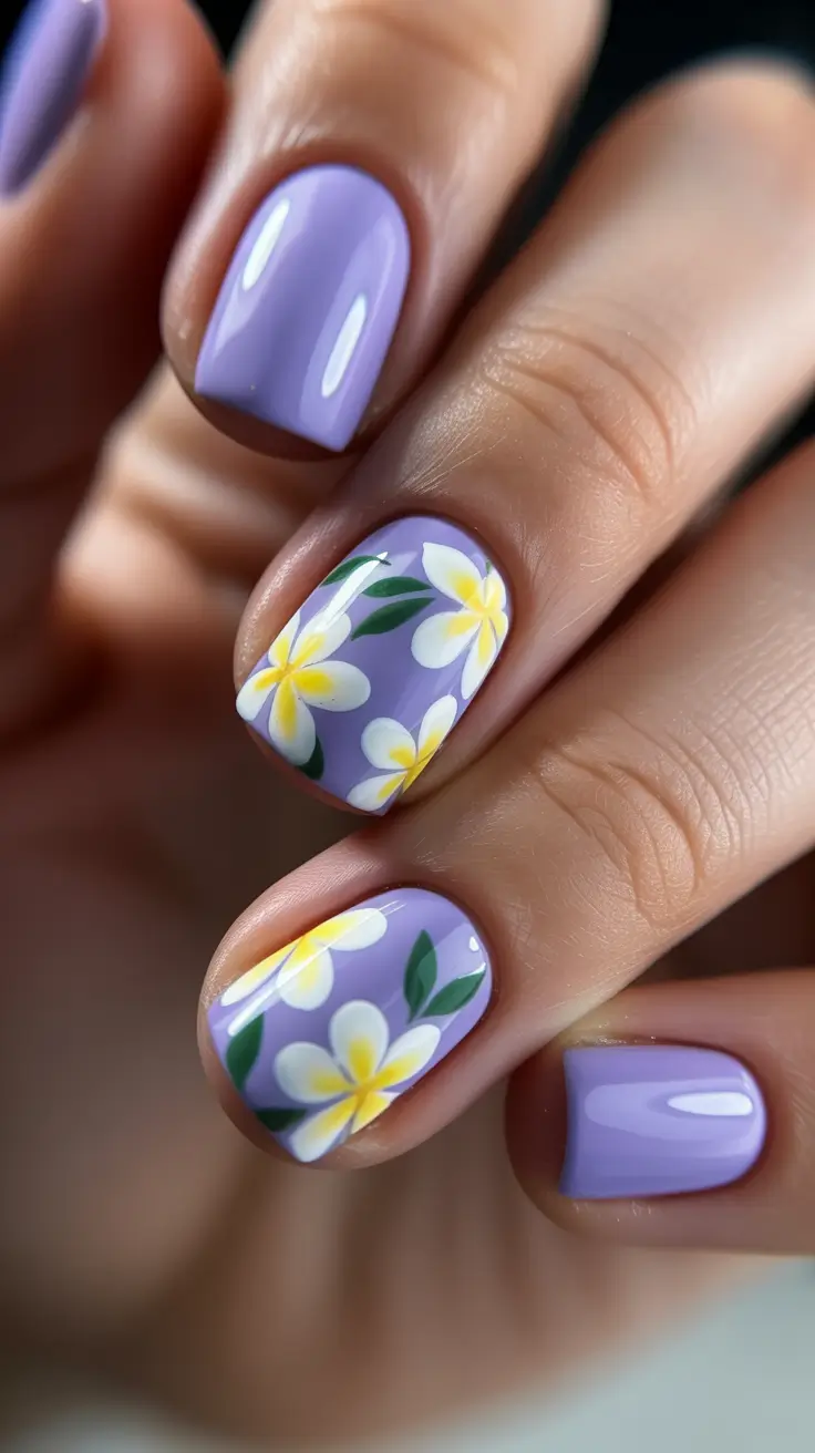 spring vacation nails 2026 Lavender Square Short Nails with Tropical Floral Details