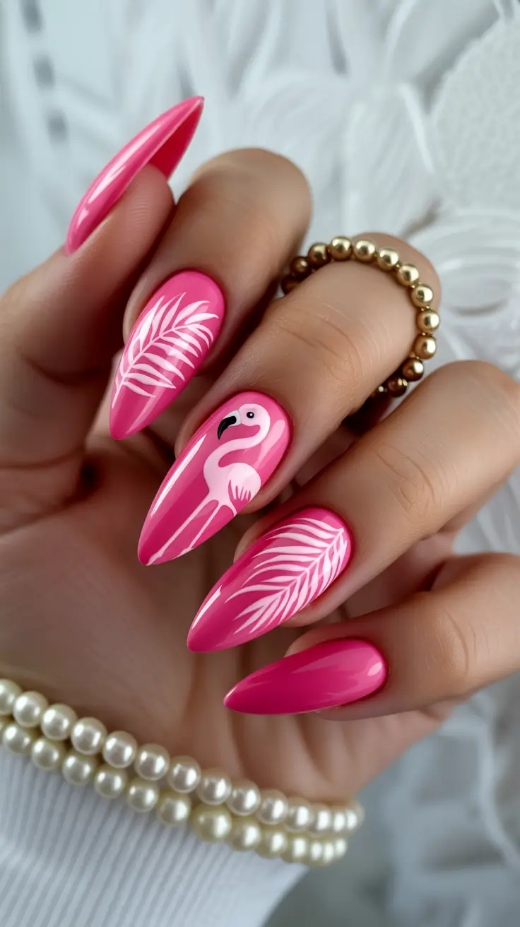 spring vacation nails 2026 Hot Pink Flamingo Almond Nails with Tropical Beach Energy