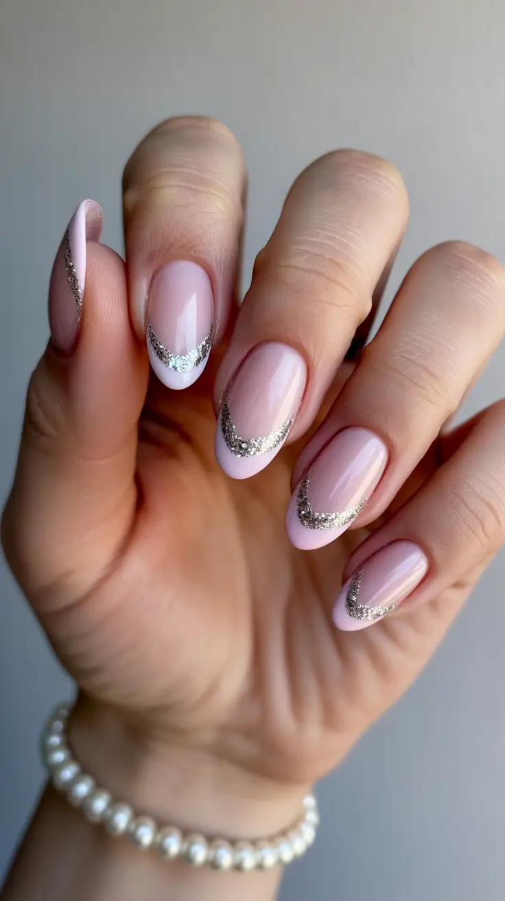 spring vacation nails 2026 Soft Pink Glitter Curve Nails for Elegant Vacation Evenings