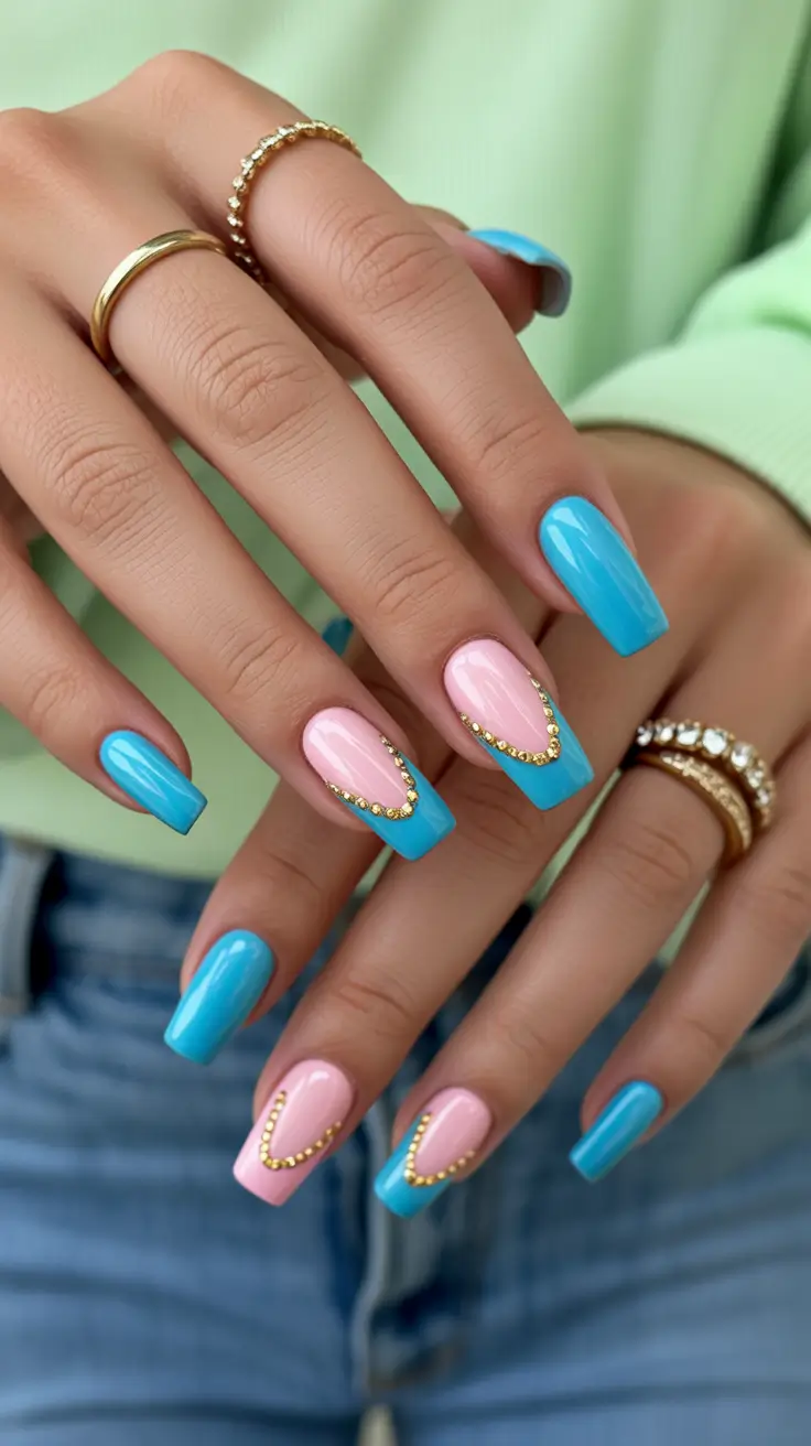 spring vacation nails 2026 Bright Blue Square Nails with Gold Accent Frames