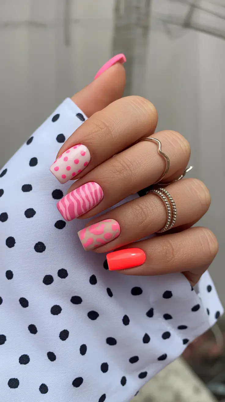 spring vacation nails 2026 Playful Pink Pop Art Square Nails for a Bright Vacation Mood