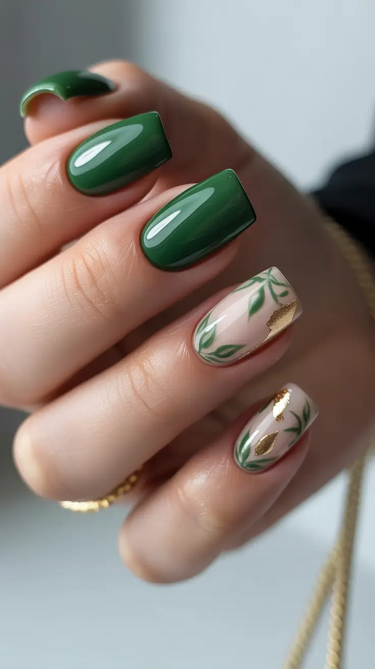 spring vacation nails 2026 Elegant Green Botanical Nails with Gold Leaf Accents