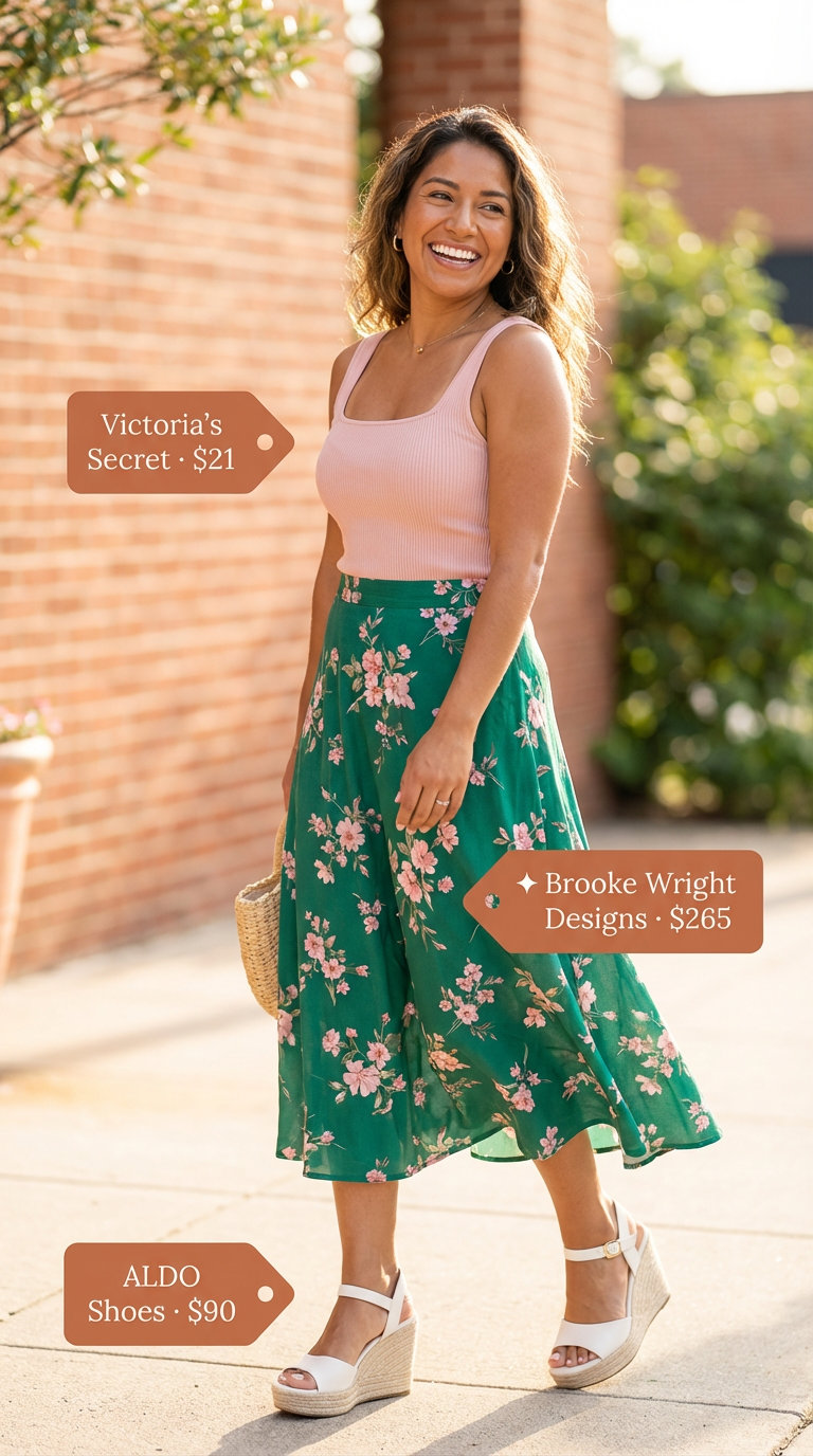 Cheerful floral green and pink midi skirt outfit with a soft pink knit top, espadrille wedges, and straw bag, perfect for Women Travel Wardrobe for Summer 2026. Ideal for brunch.