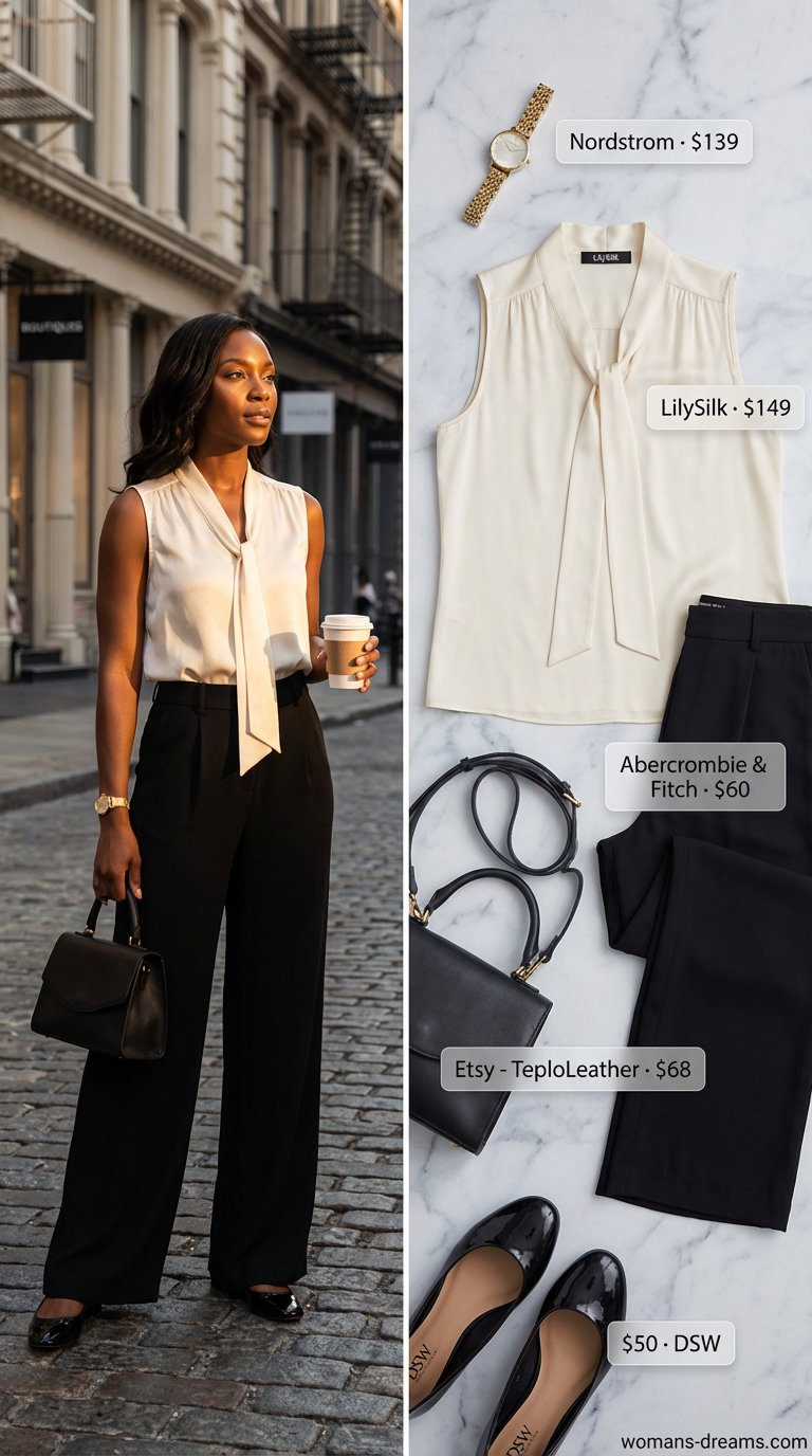 Polished black and cream outfit for a museum visit, featuring a cream silk blouse, black wide-leg trousers, structured mini bag, and flat mules, perfect for Women Travel Wardrobe for Summer 2026.