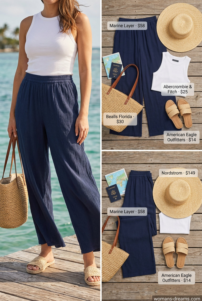 Comfortable navy wide-leg palazzo pants with a white ribbed tank top, espadrille sandals, a straw tote, and a wide-brim hat, ideal for Women Travel Wardrobe for Summer 2026 island hopping.
