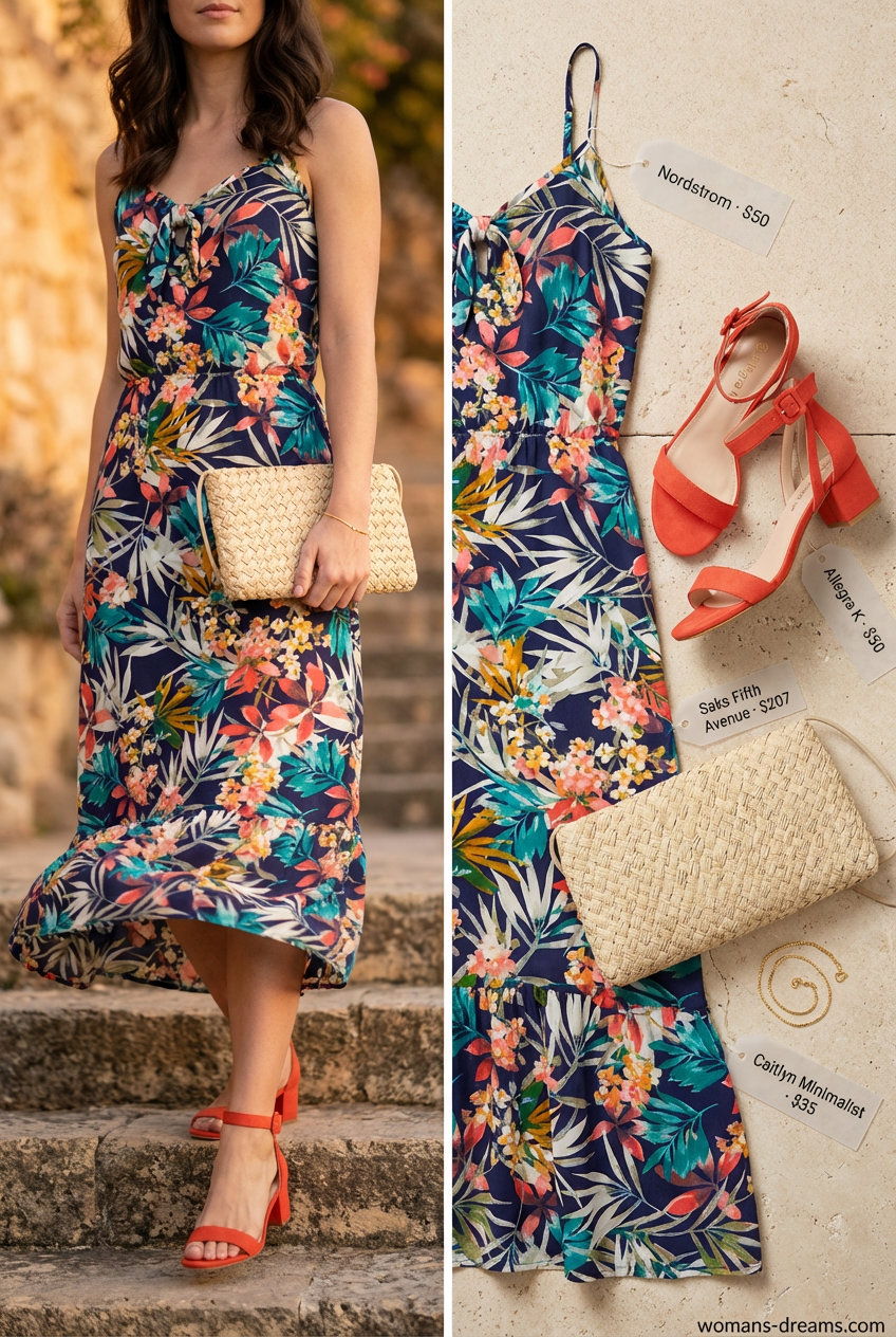 Elegant navy maxi dress with a coral and white abstract print, coral low block heel sandals, a straw clutch, and a delicate gold bracelet, perfect for Women Travel Wardrobe for Summer 2026 Riviera dinners.