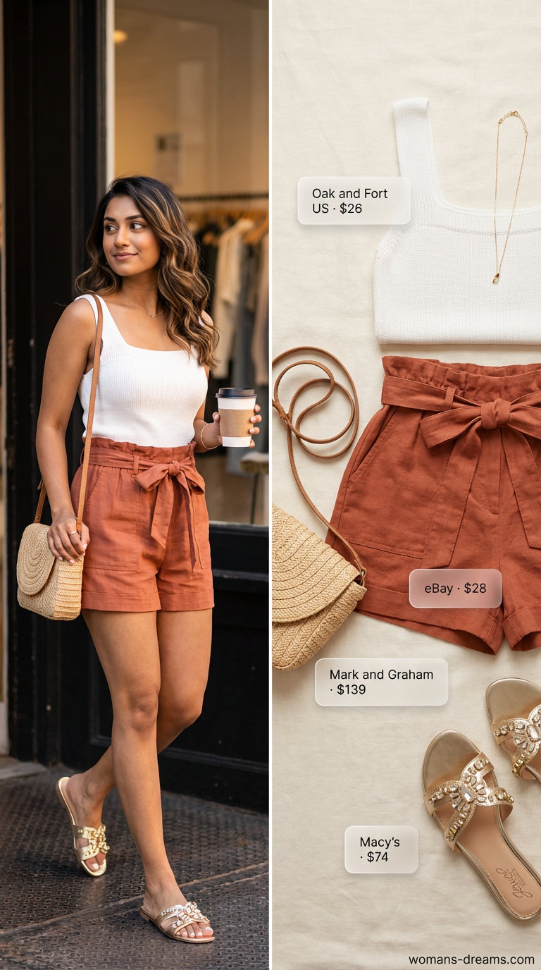 Chic terracotta linen blend paperbag shorts with an off-white ribbed tank top, gold slide sandals, and a woven crossbody bag, perfect for Women Travel Wardrobe for Summer 2026 sunset drinks.