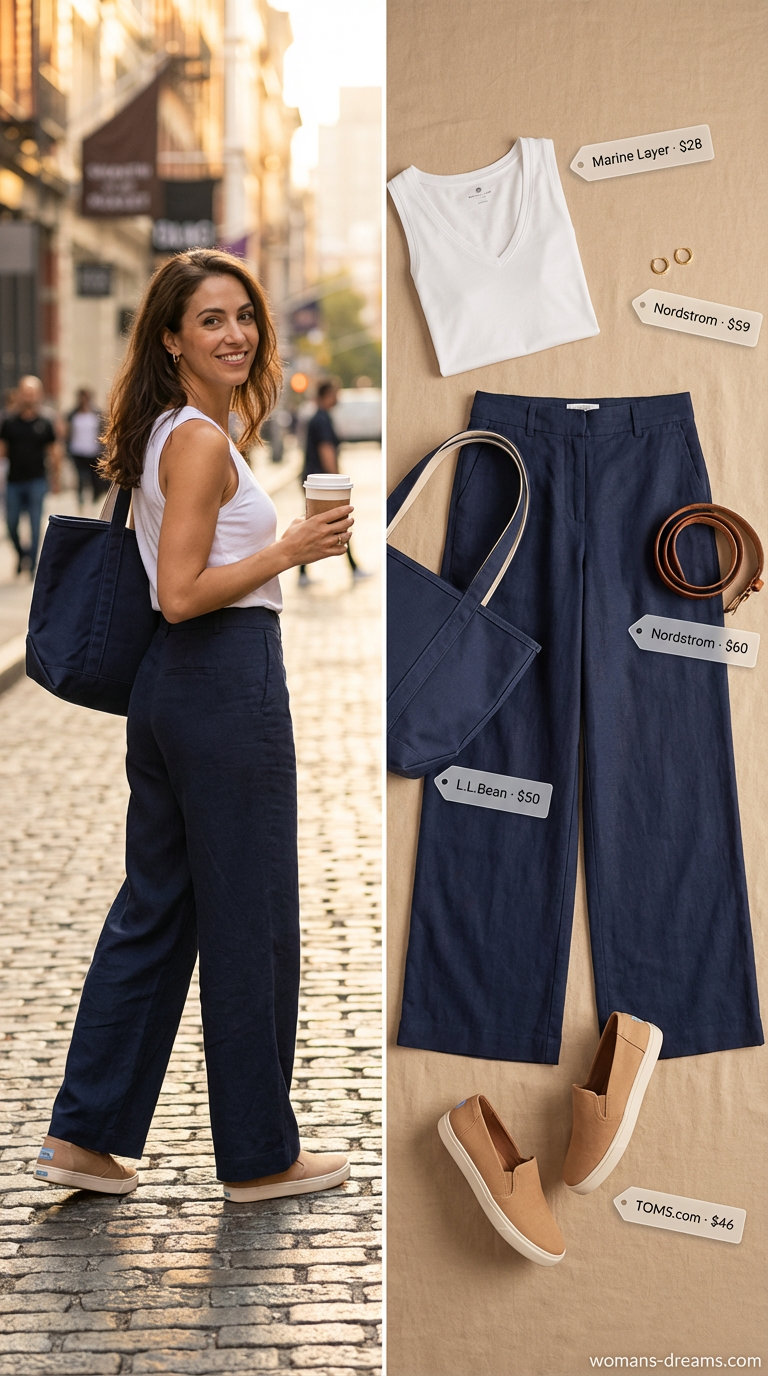 Comfortable navy wide-leg linen blend pants with a white tank top, canvas sneakers, and a large tote bag, an easy option for your Women Travel Wardrobe for Summer 2026.