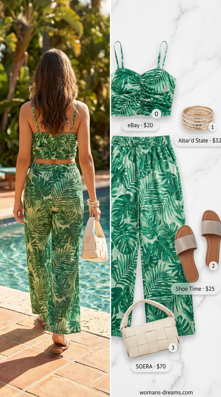 Playful tropical green print matching set with a cropped top and wide-leg pants, gold bangles, and embellished slide sandals. Vacation-ready for Women Travel Wardrobe for Summer 2026 resort activities.