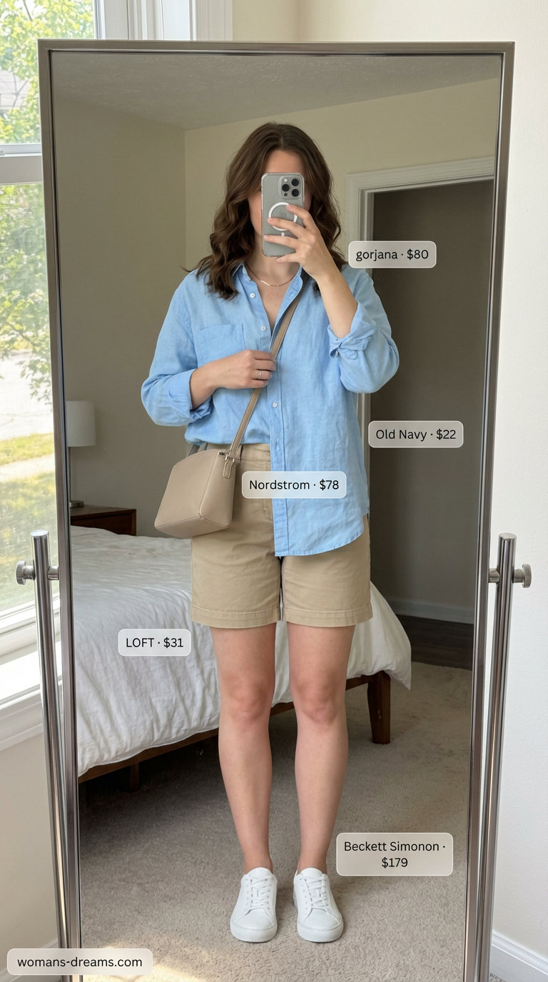 Polished city explorer outfit with tailored khaki Bermuda shorts, a sky blue linen button-down, and white leather sneakers, essential for a Women Travel Wardrobe for Summer 2026.