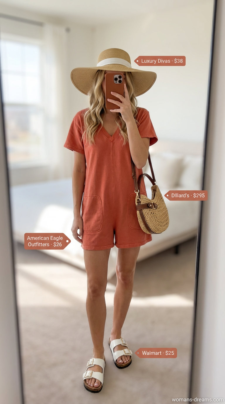 Relaxed terracotta utility romper with white slide sandals and a wide-brim straw hat, an effortless look for a Women Travel Wardrobe for Summer 2026.